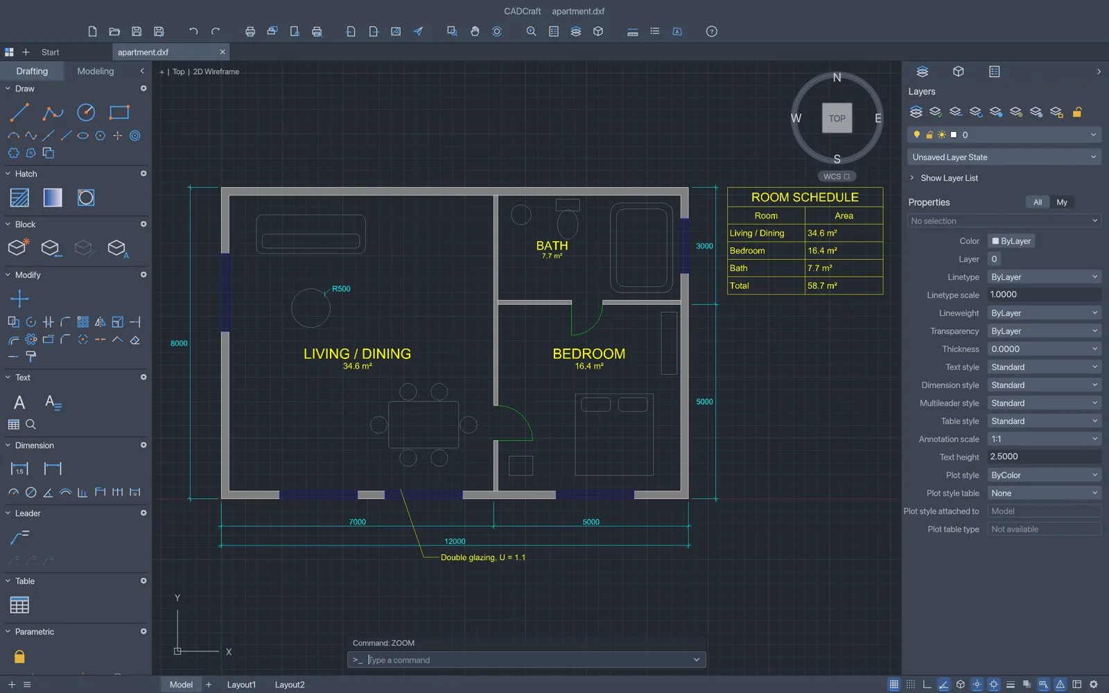 CADCraft with an apartment floor plan open: hatched grey walls, blue windows, green door swings, yellow room names with areas, a room schedule table, a multileader note and cyan dimensions, with Tool Sets on the left, Layers and Properties on the right and the command line at the bottom