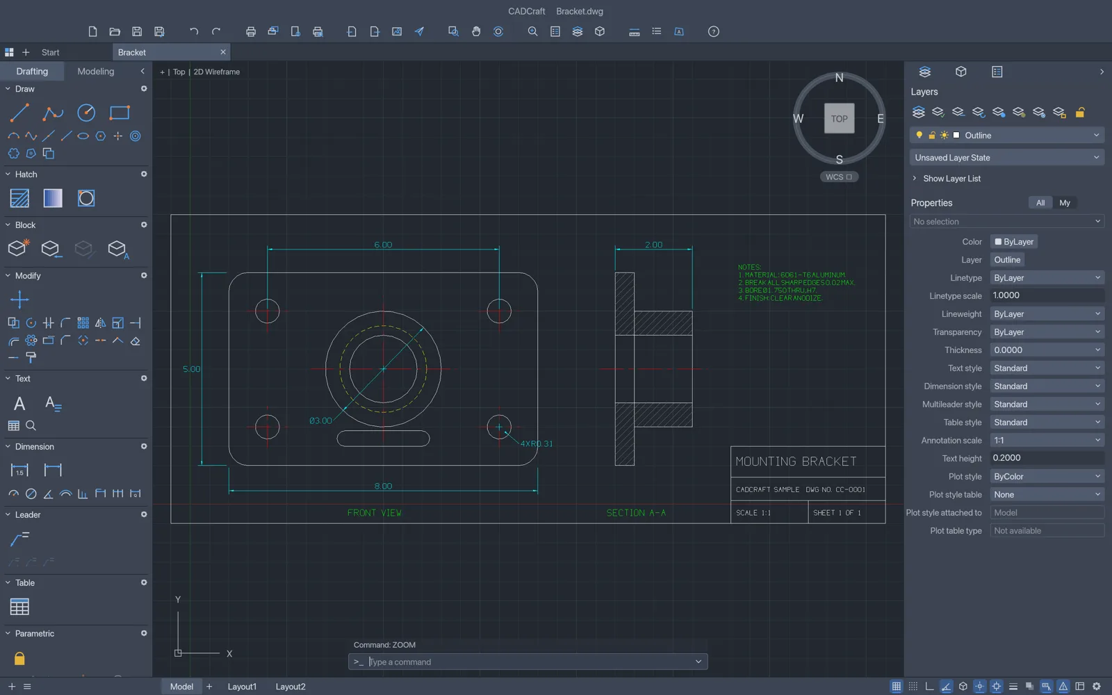 CADCraft with a mounting bracket drawing open: Tool Sets on the left, Layers and Properties on the right, the command line at the bottom