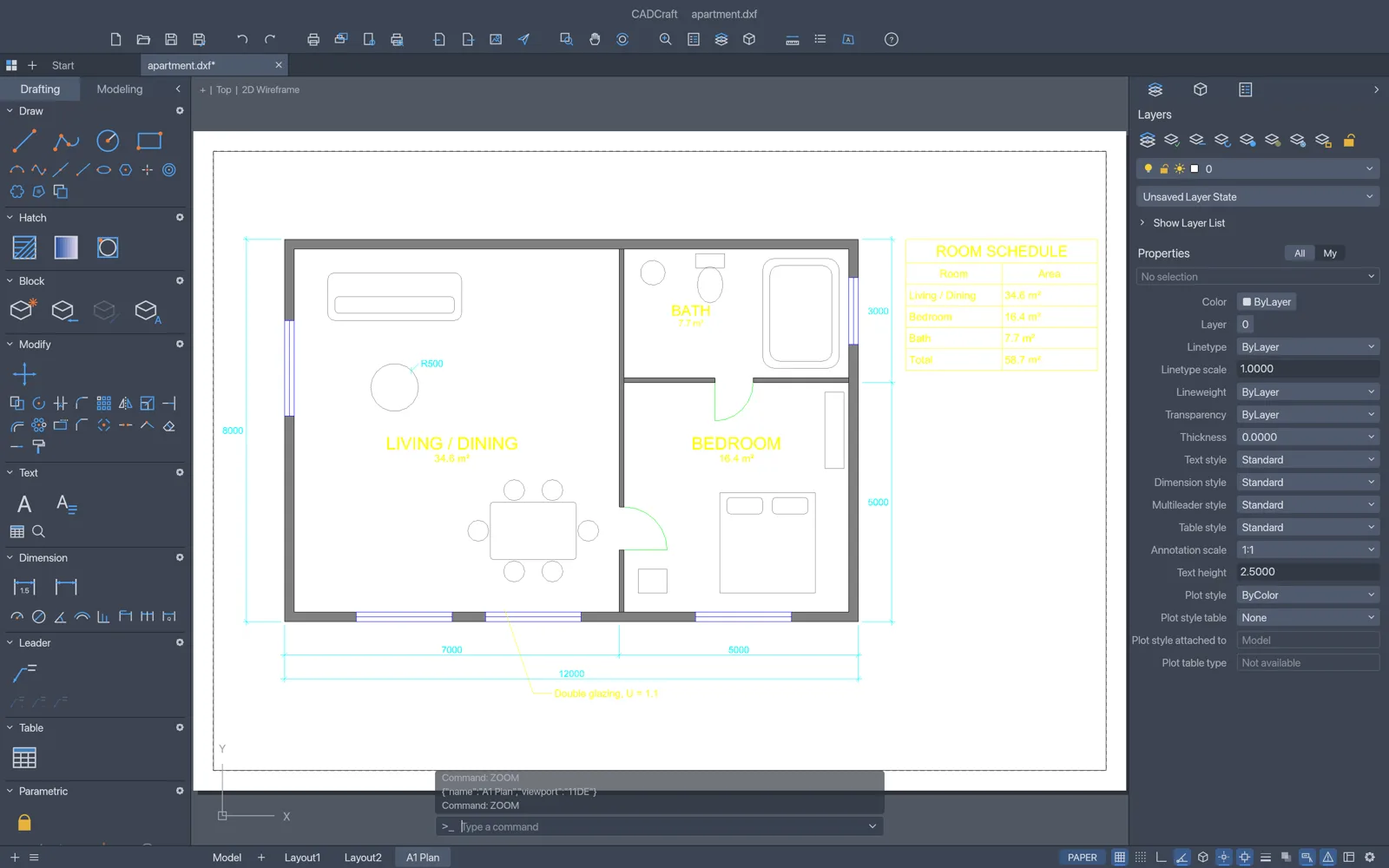 A paper-space layout in CADCraft: a white sheet with a dashed printable area and a viewport showing the apartment plan at scale, with the A1 Plan layout tab selected